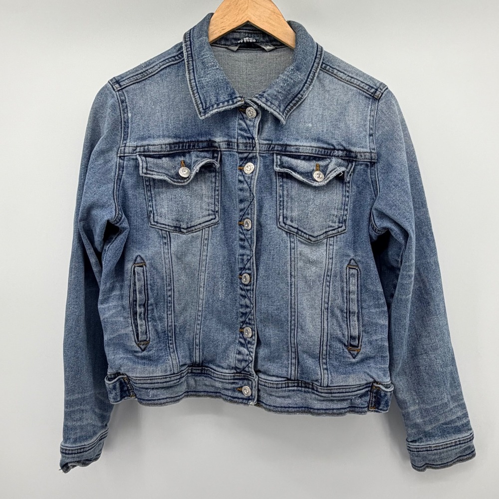 Zara Denim Jacket Women L Blue Basic Trucker Medium Wash Casual Classic